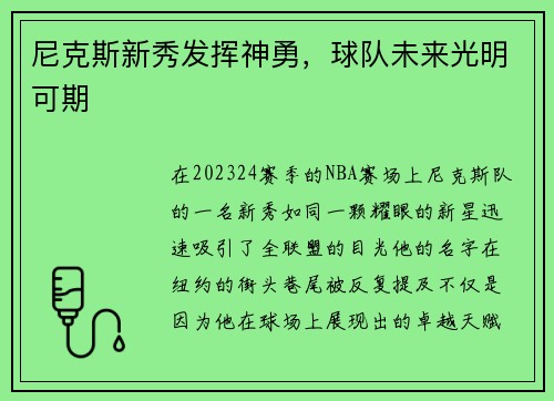 尼克斯新秀发挥神勇，球队未来光明可期