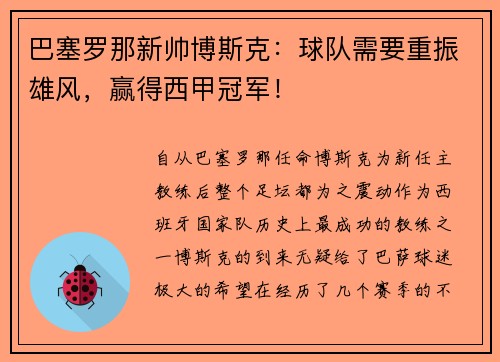 巴塞罗那新帅博斯克：球队需要重振雄风，赢得西甲冠军！